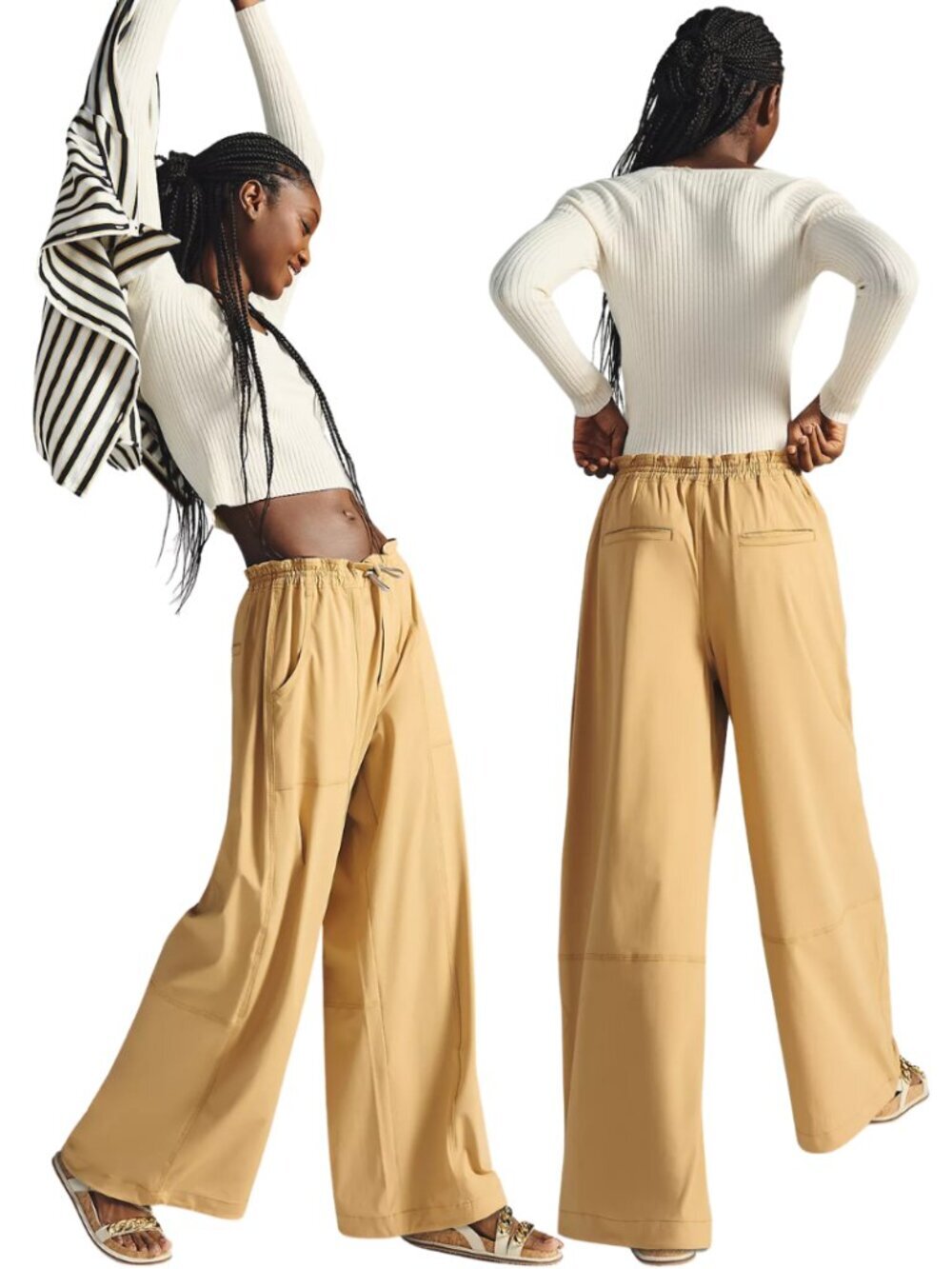 By Anthropologie Wide-Leg Parachute Trousers Women's Medium Tan Bohemian Retro